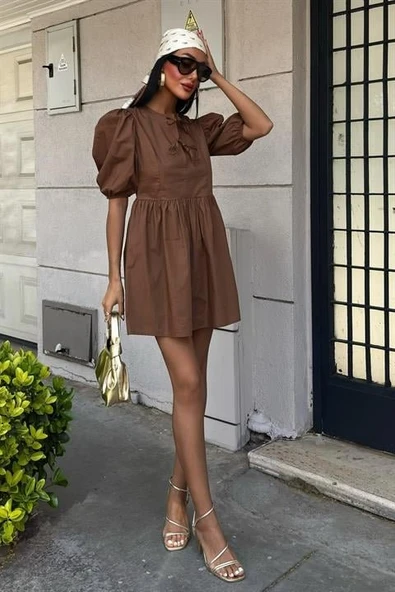 Önü Fiyonk Bağlamalı Ve Balon Kollu Elbise 2893 - Resim 5