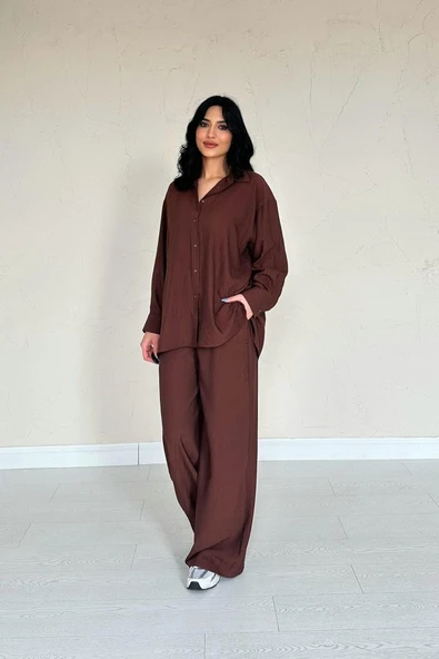 Kahverengi Alice Gömlek Ve Bol Kesim Pantolon Takım - 2