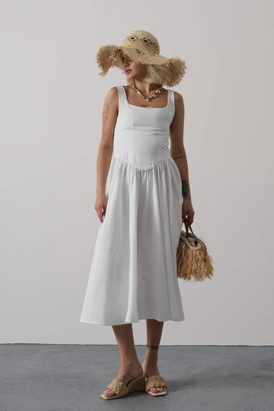 Askılı Uzun Elbise - Beyaz - Resim 2