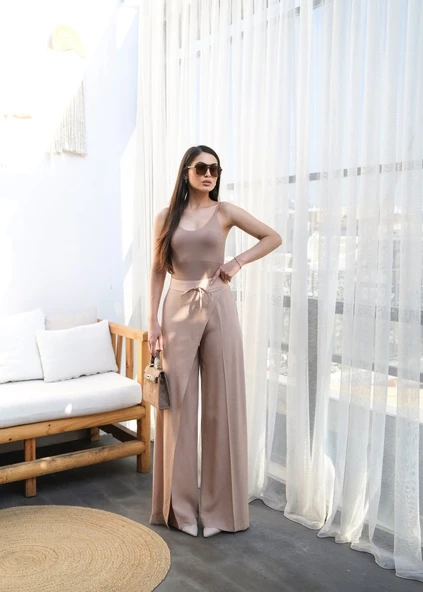 Keten Önü Çapraz Parçali Lasti̇kli̇ Ve Bağcikli Geni̇ş Paça Pantolon - Resim 4