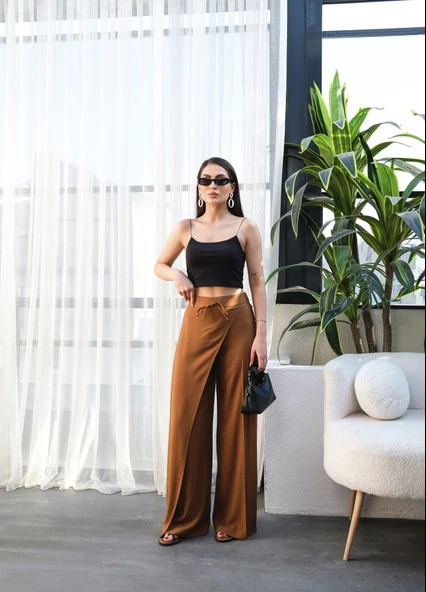 Keten Önü Çapraz Parçali Lasti̇kli̇ Ve Bağcikli Geni̇ş Paça Pantolon ürün görseli