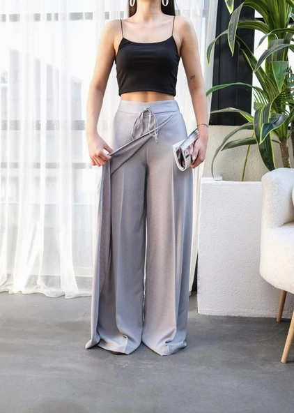 Keten Önü Çapraz Parçali Lasti̇kli̇ Ve Bağcikli Geni̇ş Paça Pantolon - Resim 3