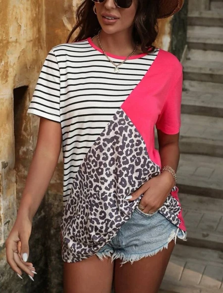 Kadın Süprem Kumaş Leopar Desenli Ve Cizgili Oversize Bluz ürün görseli