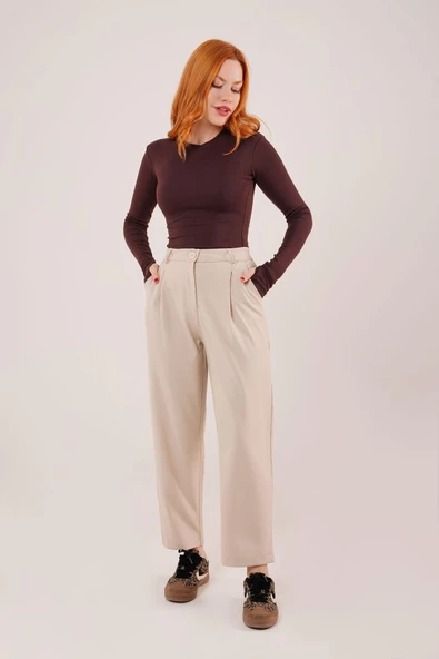 Kapama Cep Detaylı Krem Pantolon - Resim 4