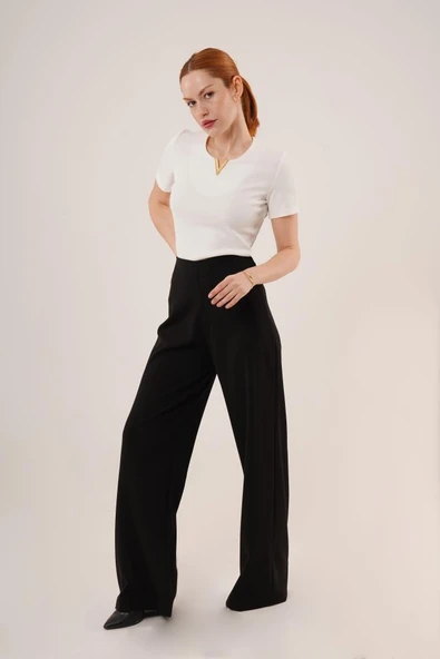 Bol Paça Yandan Fermuarlı Siyah Kumaş Pantolon - Resim 2