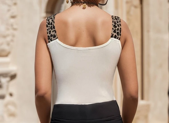 Kadın Leopar Askılı Leopar Baskılı Mikro Kumaş Bluz - Resim 8