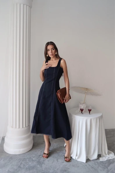 Lacivert Çift Dikişli Gabardin Elbise - Resim 2