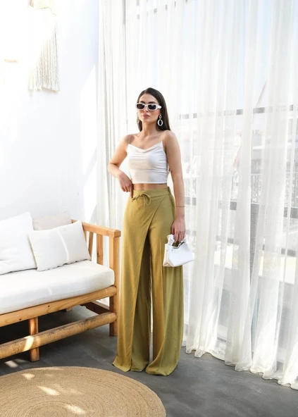 Keten Önü Çapraz Parçali Lasti̇kli̇ Ve Bağcikli Geni̇ş Paça Pantolon - Resim 4