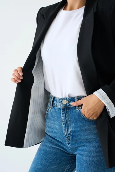 Astarı Çizgili Ceket - Siyah - Resim 4