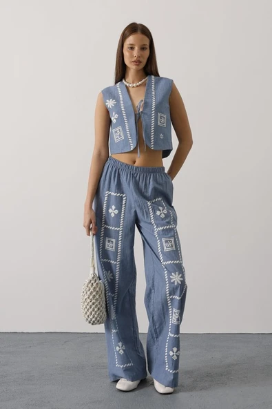 Baskılı Önü Bağlamalı Yelekli Takım - İndigo - Resim 3