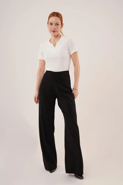 Bol Paça Yandan Fermuarlı Siyah Kumaş Pantolon - Resim 4