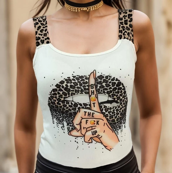 Kadın Leopar Askılı Leopar Baskılı Mikro Kumaş Bluz - Resim 7