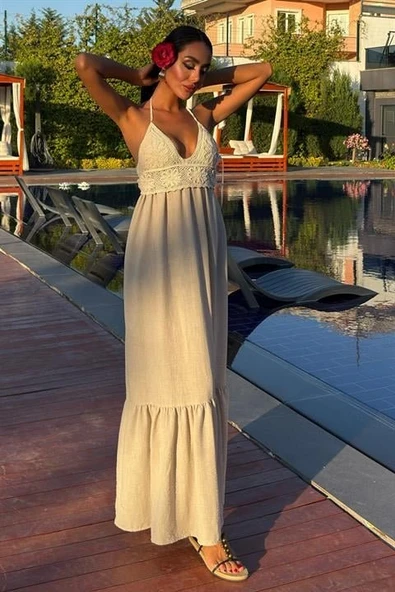 Göğsü Trikolu Keten Uzun Elbise 2904-08 - Resim 3