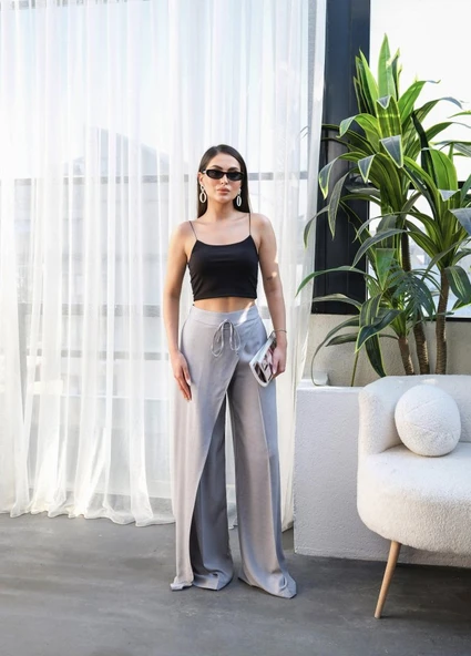 Keten Önü Çapraz Parçali Lasti̇kli̇ Ve Bağcikli Geni̇ş Paça Pantolon - Resim 4