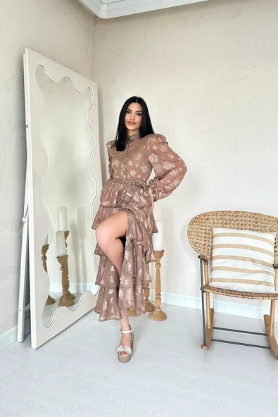 Vizon Valonlu Şeritli Kat Kat Elbise - Resim 2