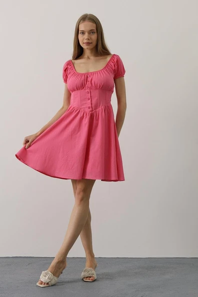 Beli Korseli Mini Elbise - Fuşya - Resim 3