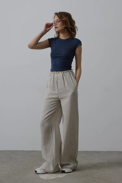 Çizgili Pamuklu Lastikli Pantolon - Bej-Lacivert ürün görseli