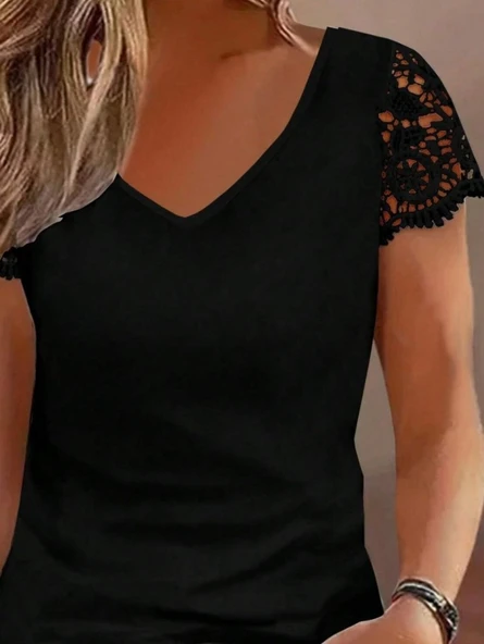 Kadın Kısa Kollu V Yakalı Dantel Detaylı Viskon Bluz - Resim 2