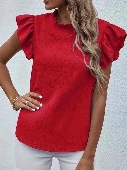 Kadın Kısa Kollu Fırfır Yakalı Bürümcük Bluz - Resim 4