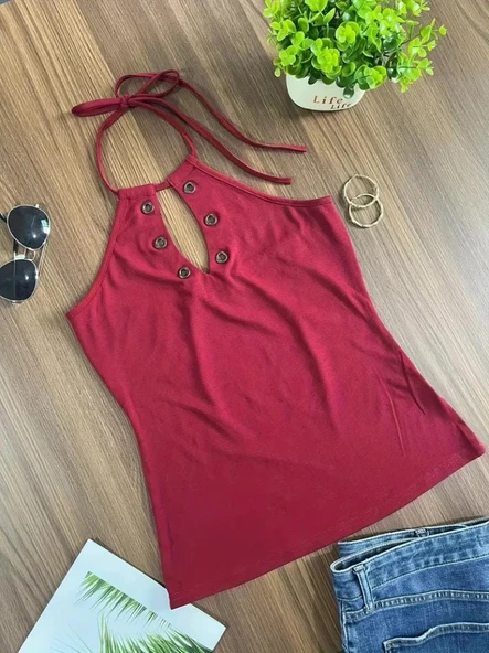 Kadın Askılı Kuş Gözü Ve Dekolte Detay Boyundan Bağlamalı Viskon Bluz - Resim 4