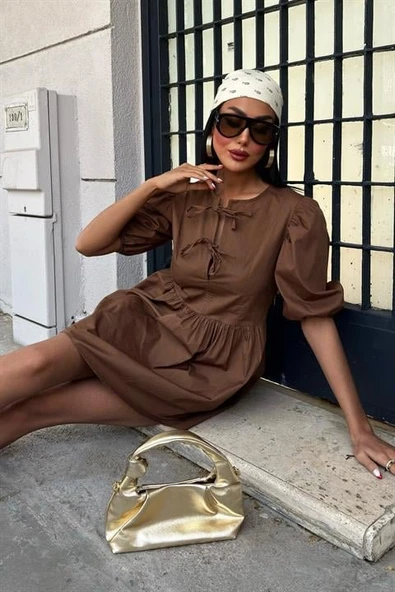 Önü Fiyonk Bağlamalı Ve Balon Kollu Elbise 2893 - Resim 9