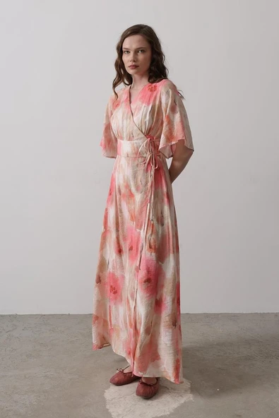 Yandan Bağlamalı Desenli Elbise - Pembe - Resim 4