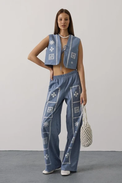 Baskılı Önü Bağlamalı Yelekli Takım - İndigo - Resim 4