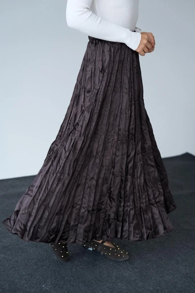 Saten Uzun Etek - KAHVE - Resim 5