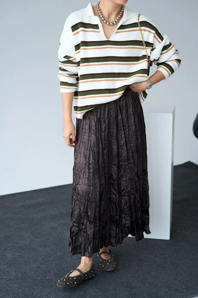 Saten Uzun Etek - KAHVE - Resim 3