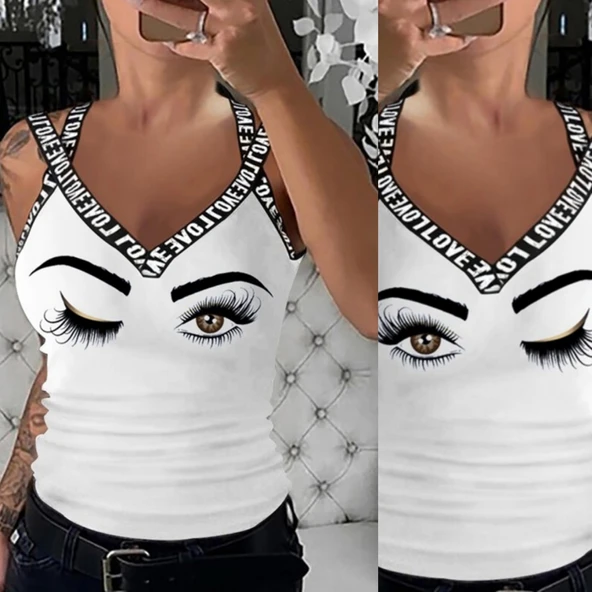 Kadın çapraz şeritli Göz Baskılı Viskon Bluz - Resim 3