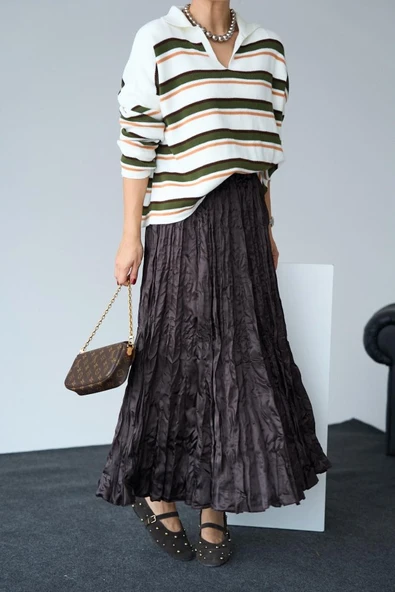 Saten Uzun Etek - KAHVE - Resim 4