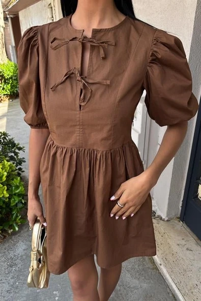 Önü Fiyonk Bağlamalı Ve Balon Kollu Elbise 2893 - Resim 7