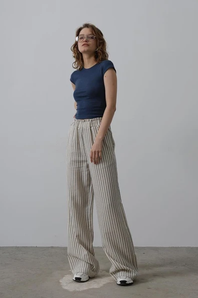 Çizgili Pamuklu Lastikli Pantolon - Bej-Lacivert - Resim 3