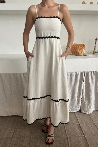 Bej Şerit Detay Keten Elbise - Resim 4