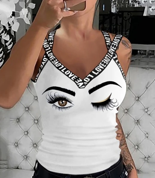 Kadın çapraz şeritli Göz Baskılı Viskon Bluz - Resim 2