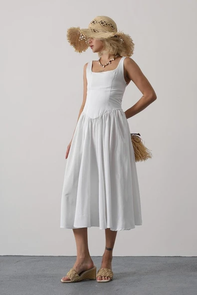 Askılı Uzun Elbise - Beyaz - Resim 4