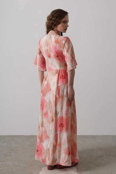 Yandan Bağlamalı Desenli Elbise - Pembe - Resim 3