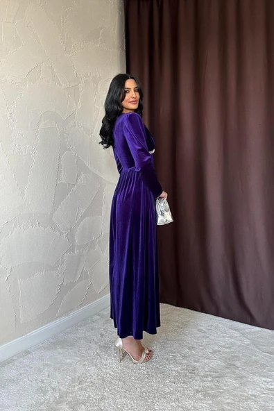Mor Göğüs Altı Taşlı Elbise - Resim 4
