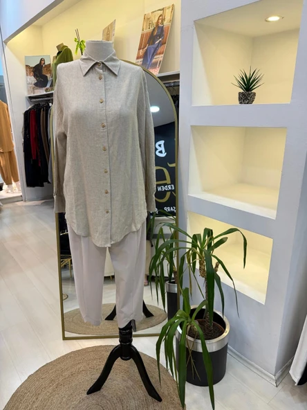 merwish Düğme Keten Gömlek-BEJ 1362 - Resim 3