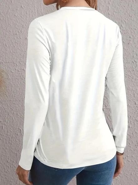 Kadın Uzun Kollu Bisiklet Yaka Kalp Desenli Bluz - Resim 2