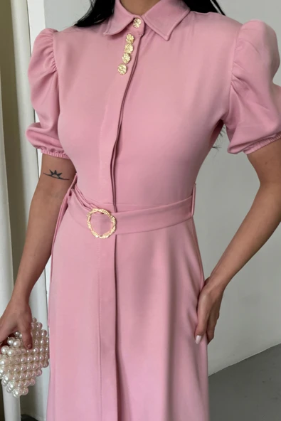 YAKA DÜĞME DETAYLI ELBİSE- Pembe - Resim 3
