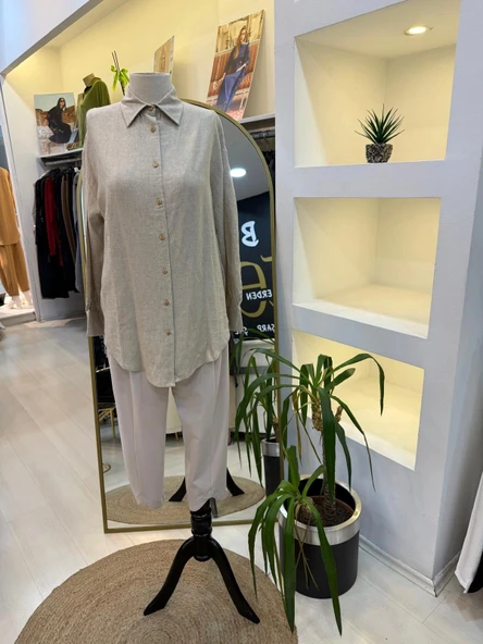 merwish Düğme Keten Gömlek-BEJ 1362 - Resim 5