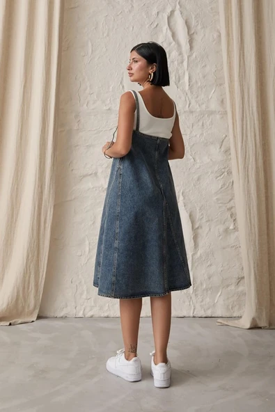 Mavi Askı Aparatlı Kot Elbise - Resim 4