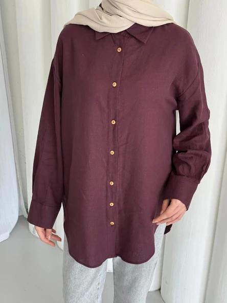 merwish Düğme Keten Gömlek-Bordo 1362 ürün görseli 1