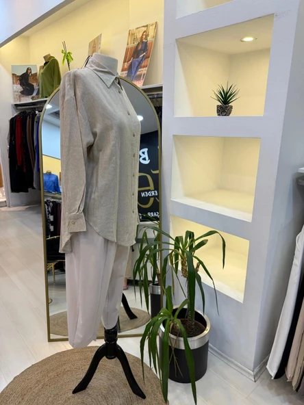 merwish Düğme Keten Gömlek-BEJ 1362 - Resim 6