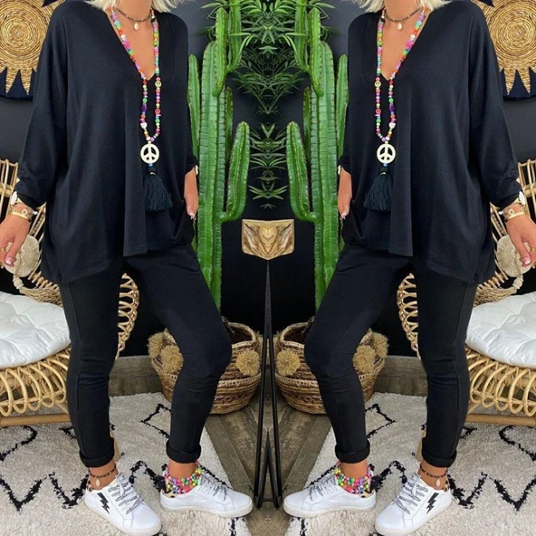 Kadın Uzun Kollu Derin V Yaka ön Kısa Arka Uzun Viskon Bluz - Resim 3