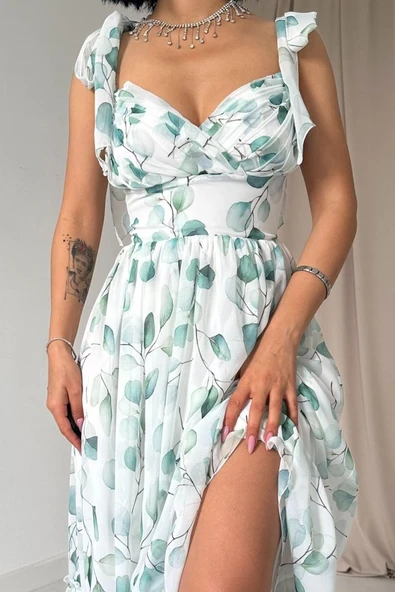 Yeşil Şifon Drapeli Elbise - Resim 3