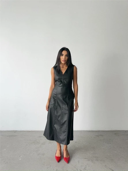 ASKILI DERİ ELBİSE ŞANEL BOY - Siyah - Resim 3