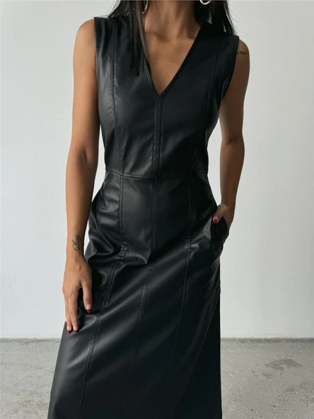 ASKILI DERİ ELBİSE ŞANEL BOY - Siyah - Resim 4