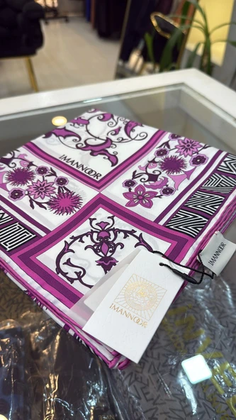 IMANNOOR çiçek desenli ekru fuşya eşarp 231 4016 ürün görseli 1